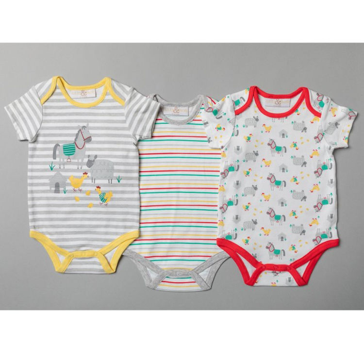 Picture of T20188: BABY UNISEX FARMYARD 3 PACK BODYSUITS (0-12 MONTHS)